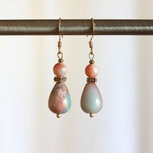 Boho Natural Stone Teardrop Dangle Earrings Pink Green Bronze Tone French Hook